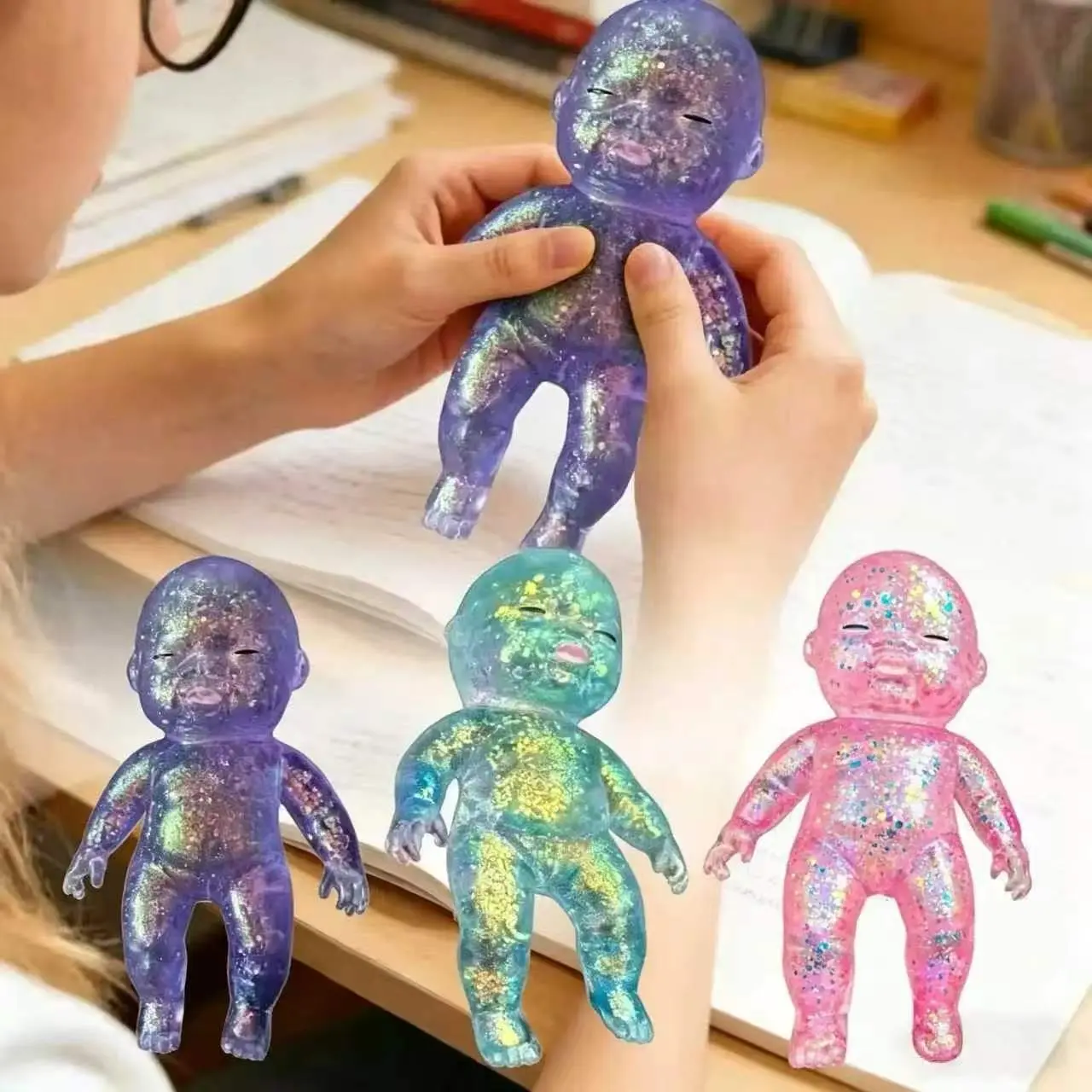 Glitter Doll Squishies Stress Ball, Squishy Babies Sensory Fidget for Stress Relief, Soft Cute Squeeze, Portable Desk Decor & Relaxing Gift for Adults