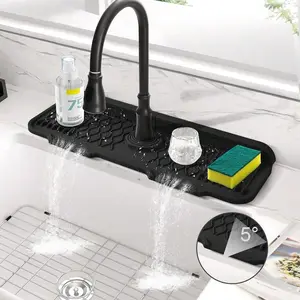 Silicone Faucet Splash Guard, Slope Design Splash Proof Mat with Sponge Holder, Water Splash Guard for Kitchen & Bathroom, Splash Pad