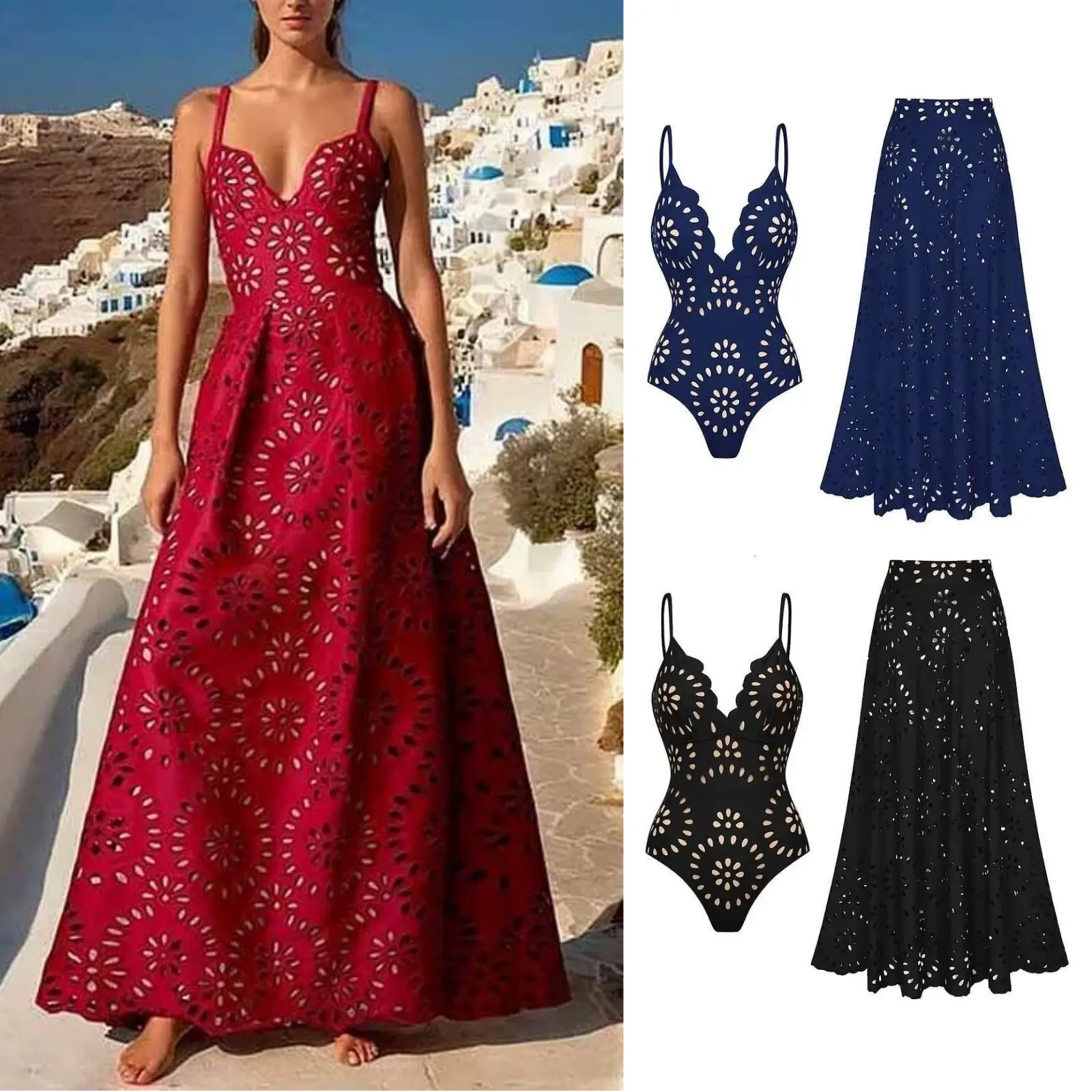 Jointlycreating Women's One Piece Swimsuit & Skirt Laser Cutting Flower Hollow Swimwear Summer Deep V Neck Bathing Suit in Red Navy Black