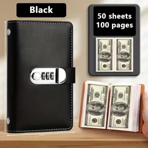 A6 Large Capacity Password Lock Savings Book Savings Binder Premium PU Leather Waterproof Cash Storage Album Hold 100 Bills for Banknote Stamp Card Collection Daily Storage Wallet Organizer Cardholder