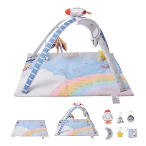 VEVOR Baby Play Gym Mat,  , Tummy Time Mat with 6 Sensory Toys, Baby Activity Mat with Light-up Musical Rocket Toy for 0-18 Month Newborn Infant, Baby Essential Gift for Sensory & Motor Skill Development
