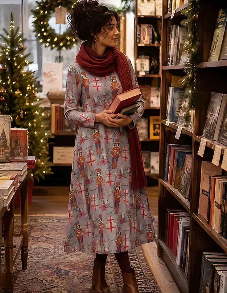 Nutcracker Storybook Christmas Dress - Soft Blue-Gray Polyester with Classic Nutcracker Soldiers & Festive Details - Below-the-Knee Length for Holiday Parties & Winter Events