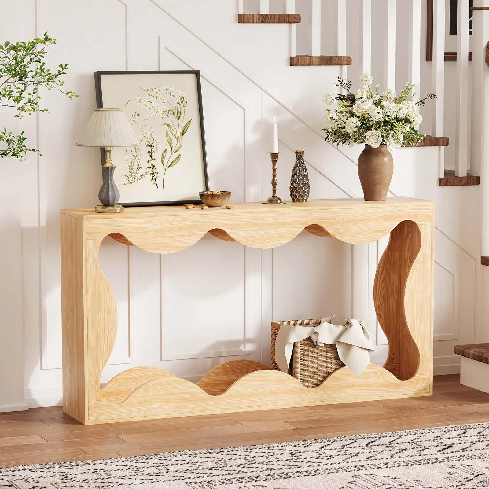 Summervibes Flash sale home items 63" Farmhouse Console Table with Scalloped Edge, Slim Sofa Table Behind Couch with 2-Tier Storage Shelf, Rustic Narrow Entryway Table for Hallway, Long Wood Accent Table for Living Room