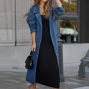 Women'SVintageLongJeanJacketTemperamentLooseFitDoubleBreastedDenimJacketLapelTrenchCoatWithBeltWomanClothingWomenswearOuterwear