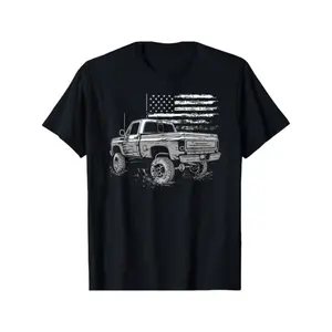 Crewneck Basic Tshirt Men's Vintage Pickup Truck T-Shirt - Classic American Flag Design