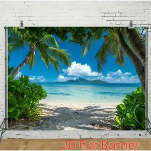 Summervibes 1PC,2D Flat Customize Backdrop Summer Beach Coconut Palm Scenery Decorative Backdrop, Festival Party Photography Decoration Background, Tropical Ocean Beach Green Plant Themed Backdrop, Create Vacation,summervibes