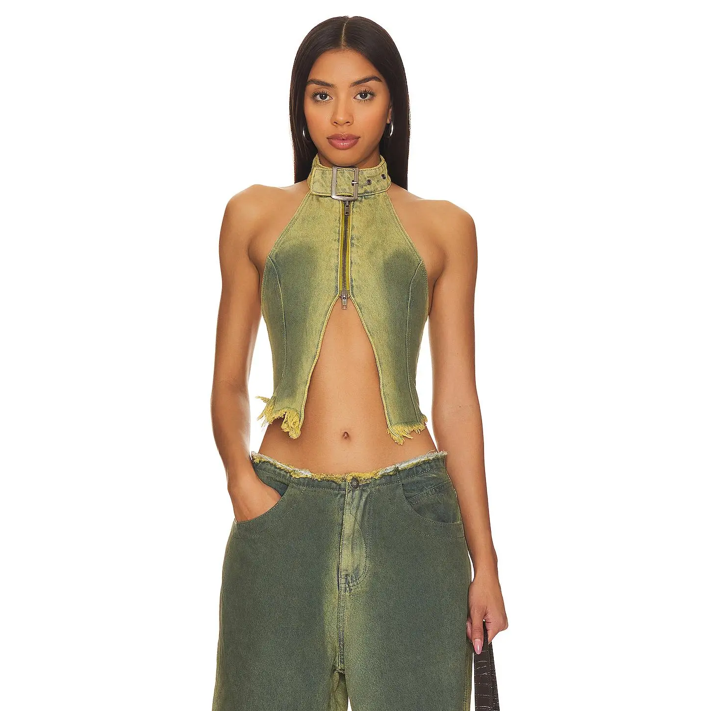 Jaded London Green Denim Buckle Neck Top in Green Wash