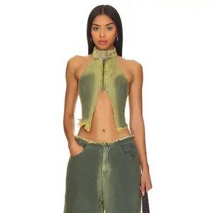 Jaded London Green Denim Buckle Neck Top in Green Wash