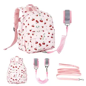 ST-19 Corduroy Toddler Backpack with Detachable Leash and Anti-Lost Wrist Link, Safety Harness Walking Backpack for Toddler Boys Girls 1-3, Cute Cherry Travel Backpack with Leash for Kids