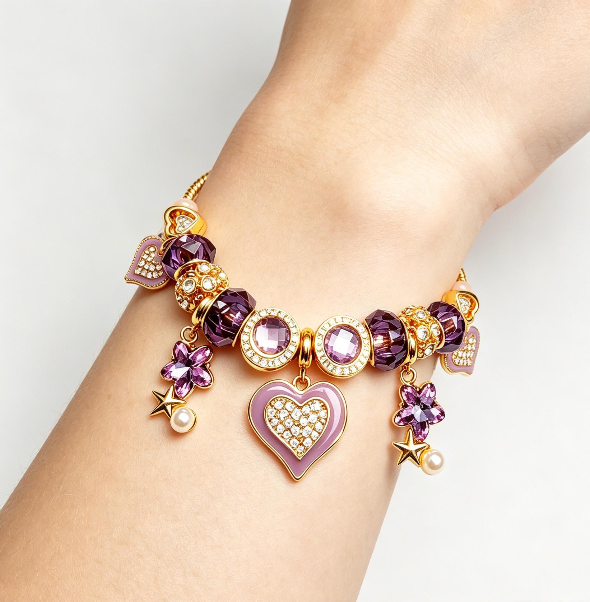 Gold Tone Purple Heart Charm Beaded Bracelet for Women, Amethyst Crystal Star Pearl Dangle Snake Chain Bracelet, Fashion Jewelry Gift for Girls