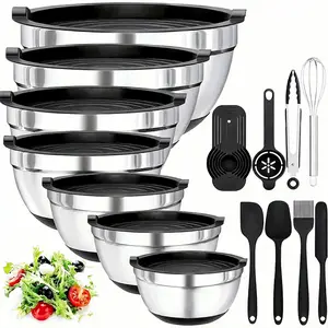 Black Stainless Steel Mixing Bowl Set, 5-7 Counts/set, Mixing Bowl with 13 Functional components, Perfect for Baking, Serving, Storing, Kitchen Organization, Salad Serving Bowls