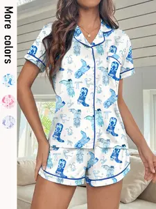Women's All Over Print Crop Top & Shorts Pyjama Set, Casual Comfy Short Sleeve Collared Top & Shorts PJ Set, Ladies Summer Sleepwear, Loungewear
