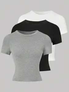 Women's Solid Round Neck Crop Tee, Casual Short Sleeve Crew Neck Basic T-shirt for Summer, Ladies Clothes for Daily Wear