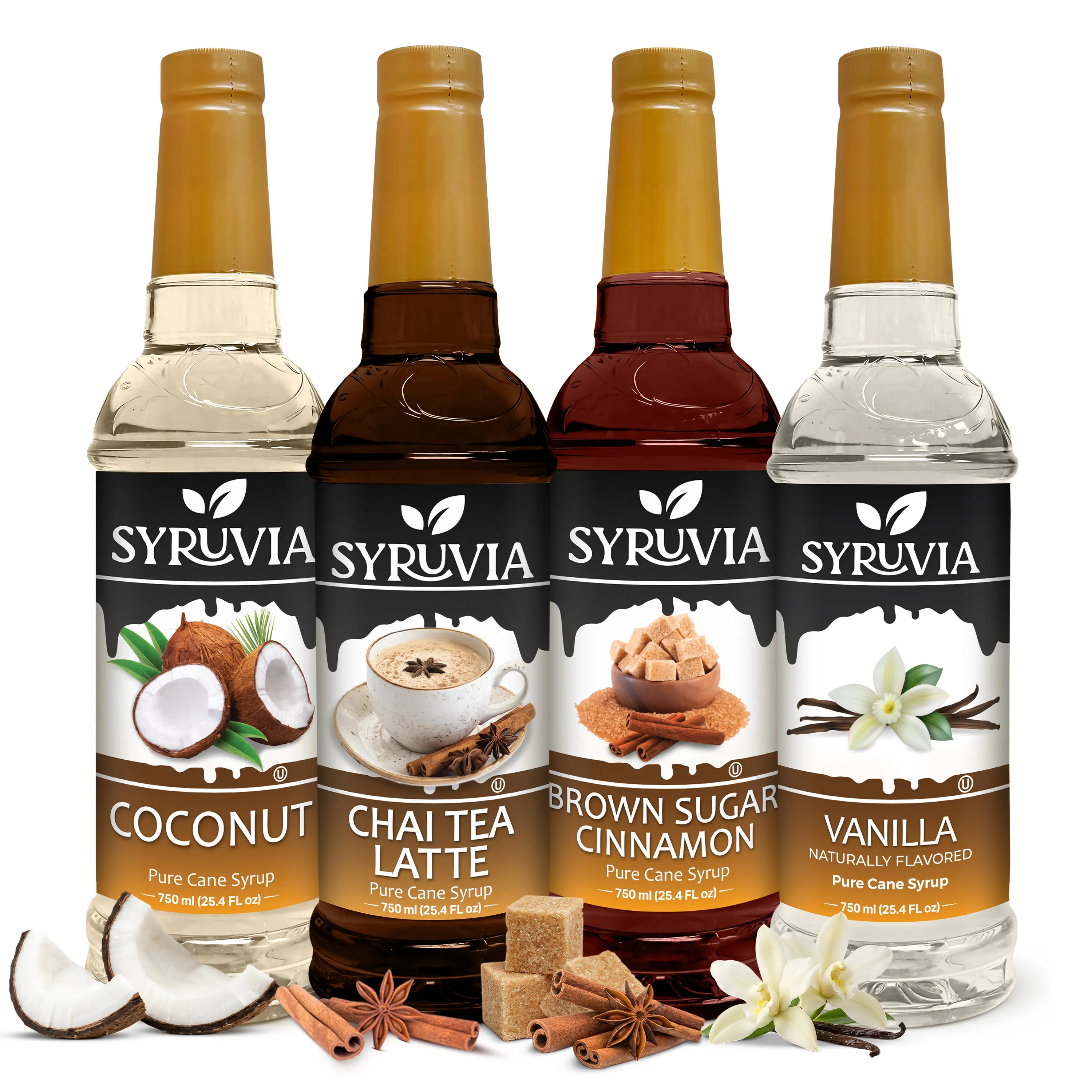 Syruvia Premium Coffee Flavor Syrups & Concentrates Variety Pack - Coconut, Chai Tea Latte, Brown Sugar Cinnamon, Vanilla - For Coffee, Lattes - 25.4 Fl oz Bottles (4 Pack) [Flavored Syrups & Concentrates]