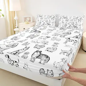 Cartoon Dog Fitted Sheet (NO Flat) Black White Dog Puppy Sketch Bedding Sets Adult Room Decor Cute Pet Animals Bed Sheet Soft Cozy Deep Pocket Sheet