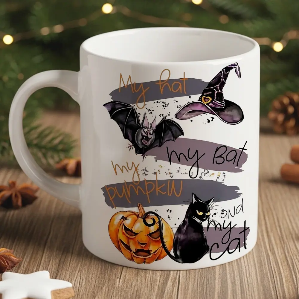 11oz Ceramic Coffee Mug, My Hat My Bat My Pumpkin And My Cat, Cute Halloween Witch Black Cat Coffee Cup, Fall Season Gift