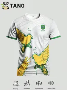 Men's Brazil Special Edition Art Print Soccer Jersey, Football Jersey, Bird Graphic, Short Sleeve, Fitted, Casual, All Seasons, Fan Apparel