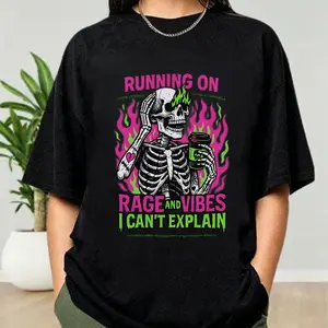 Running on Rage and Vibes Shirt, Funny skeleton shirt, Coffee skeleton, Spooky skeleton coffee rage shirt, Sarcastic shirt(Hoodie)/(Sweatshirt)