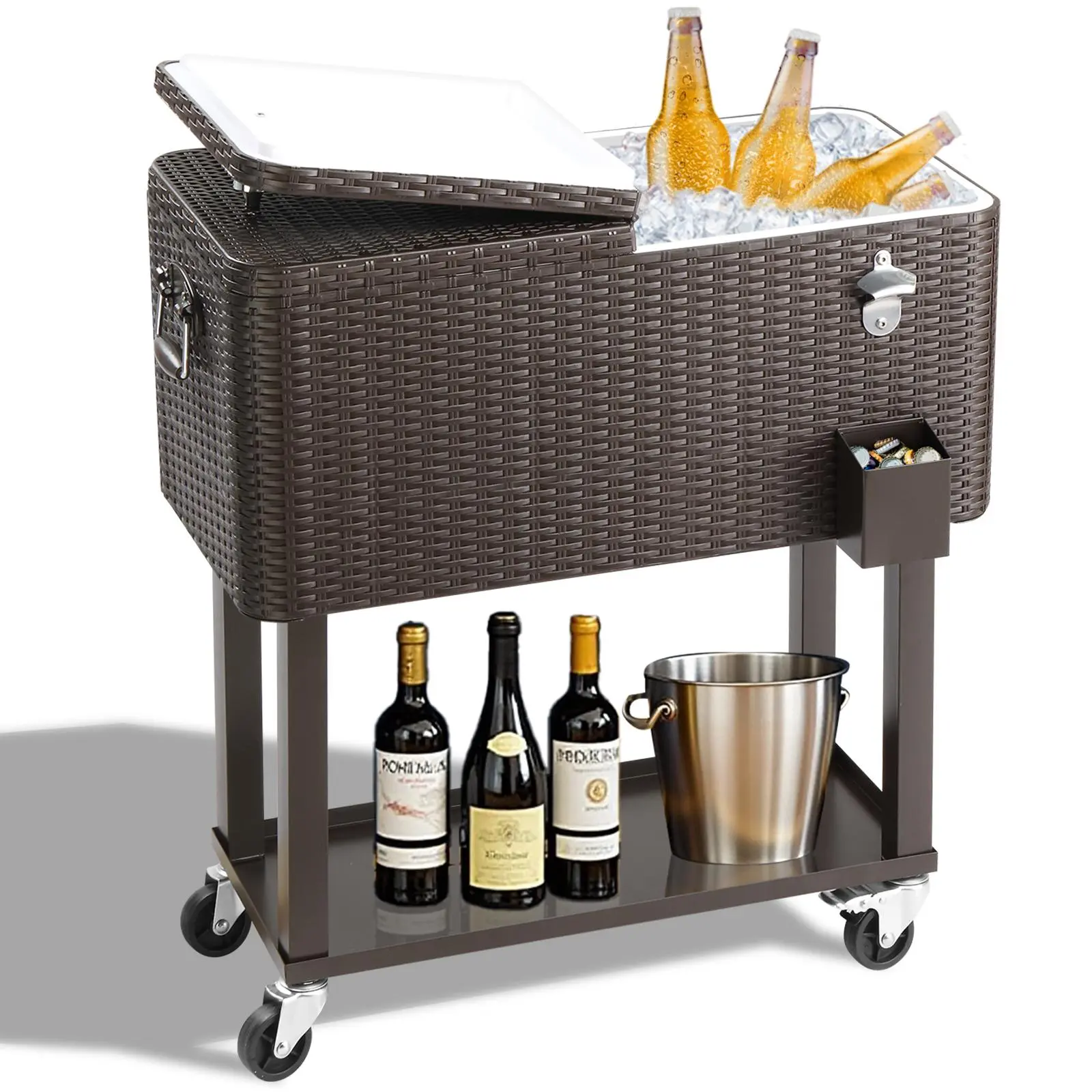 【Summervibes】UBesGoo 80 Quart Rattan Patio Cooler Rolling Cooler Ice Chest with Shelf, Wheels and Bottle Opener, Portable Patio Party Drink Cooling Cart
