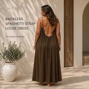 Women's Backless Spaghetti Strap Maxi Dress, Loose Flowy Linen Sundress for Vacation Plus Size Friendly Open-Back Maxi Dress, Relaxed Fit, Floor Length, For Beach & Travel  Nightwear