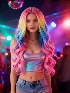Ong Rainbow Wig, 26 Inch Glueless Neon Cosplay Costume Wig, Perfect for Parties & Events, Durable Design, Easy Maintenance, Synthetic Material Wigs, Wavy Synthetic Wigs