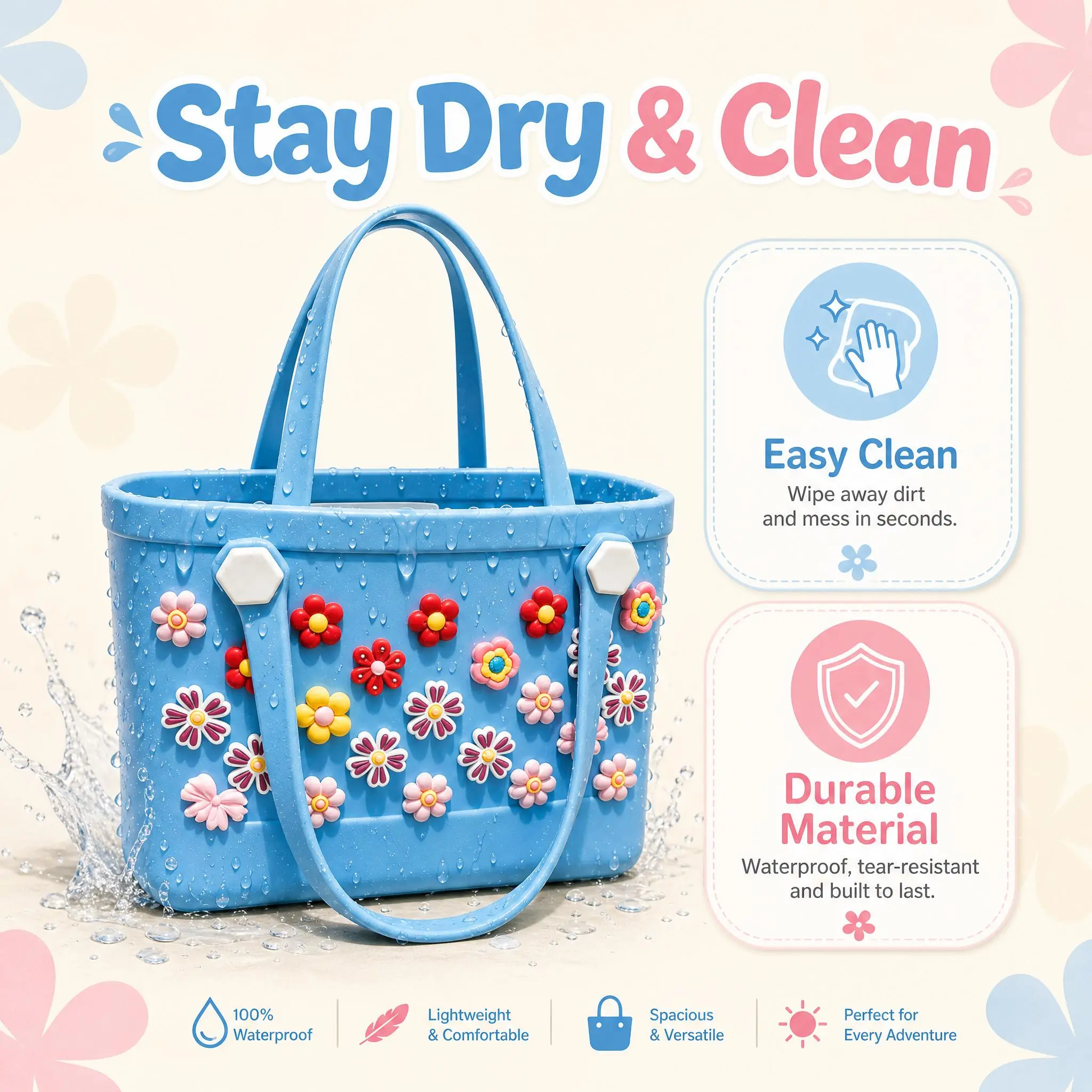 Women's Floral Print Foldable Waterproof EVA Beach Tote Bag - 28x11x21cm Durable, Washable Summer Bag for Pool, Beach - Blue, Foldable Waterproof Women's Tote Bags