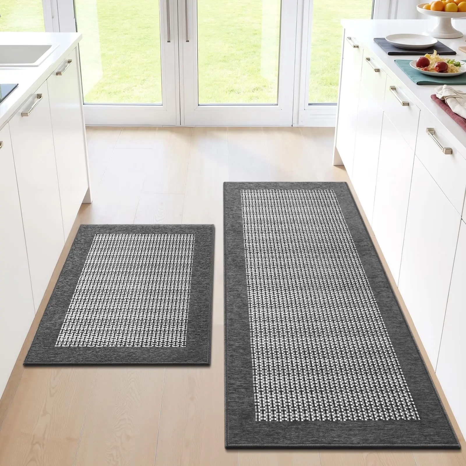 StepRite Kitchen Mats for Floor, Non-Slip Kitchen Rugs Set of 2 PCS, Super Absorbent Washable Kitchen Mats with Rubber Backing, Runner Mats for Front of Sink (20"x32"+20"x47" Grey)