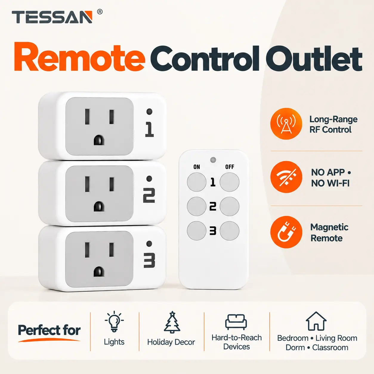 Tessan Electrical Light Switch, Remote Control Outlet, Plug in Wall Plug with ON/Off Switch for Indoor String Lights, Lamps, Home Small Appliances, 100ft Range (1 Remote + 3 Outlets)