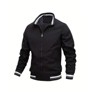 Lightweight Long Sleeve Men's Jacket With Stand Collar, Zipper, Pockets, Stripe Pattern Pieces, Suitable For Spring And Autumn Outdoors Activities