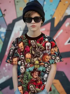 Boys' Horror Movie Character Full-Print Short Sleeve T-Shirt, Casual Dark Style, Fashionable Daily Wear, Trendy Design for Boys