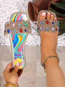 Boho Style Rhinestone Summer Flat Sandals, Rainbow Stripe PU Upper, Rubber Sole, Less Than Ankle Height, Women's Casual Footwear for Daily Use