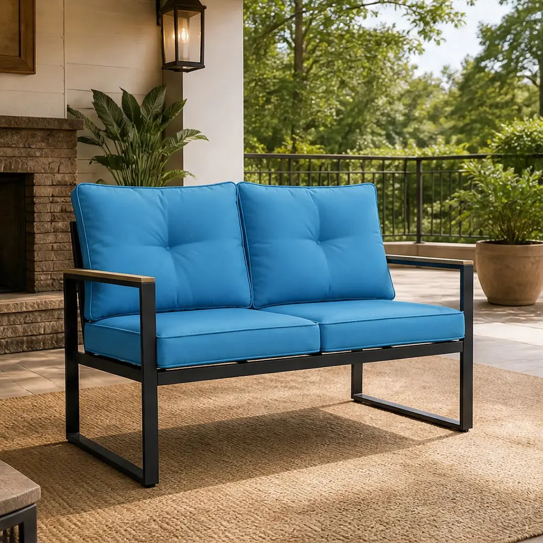Heavy-Duty Outdoor Loveseat Sofa, ARCH All-Weather Steel Frame Couch with 4" Thick Fiber Foam & Polyester Fill Cushions, Easy-Clean, Black/Blue Options for Balcony, Backyard, Deck, Heavy-Duty Outdoor Loveseats