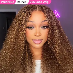 CurlyMe 4/27 Highlight Color Kinky Curly Ombre Hair Pre-cut 7x5 Lace Wear Go Glueless Human Hair Wigs Pre-plucked Outdoorfun
