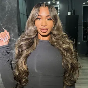 Black with Brown Blonde Highlight Human Hair Wig 12A Blonde Highlight Body Wave 210% Density Human Hair Wig 13x4 HD Pre Plucked Lace Front Human Hair Wig for Women