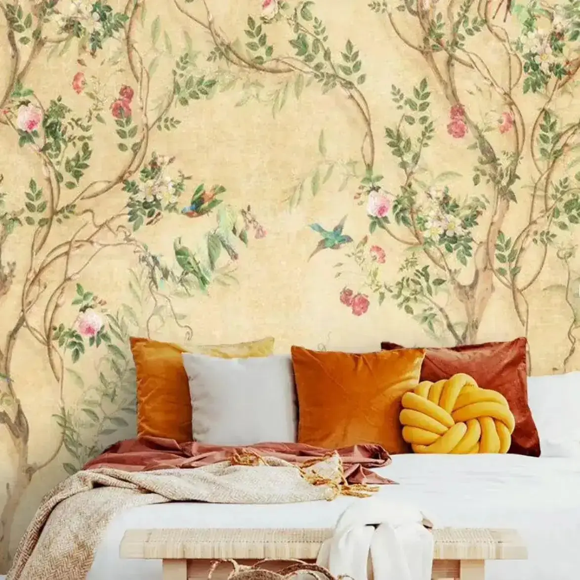 Birds and Tree Traditional Chinoiserie Wallpaper Mural 105" W x 96" H Traditional