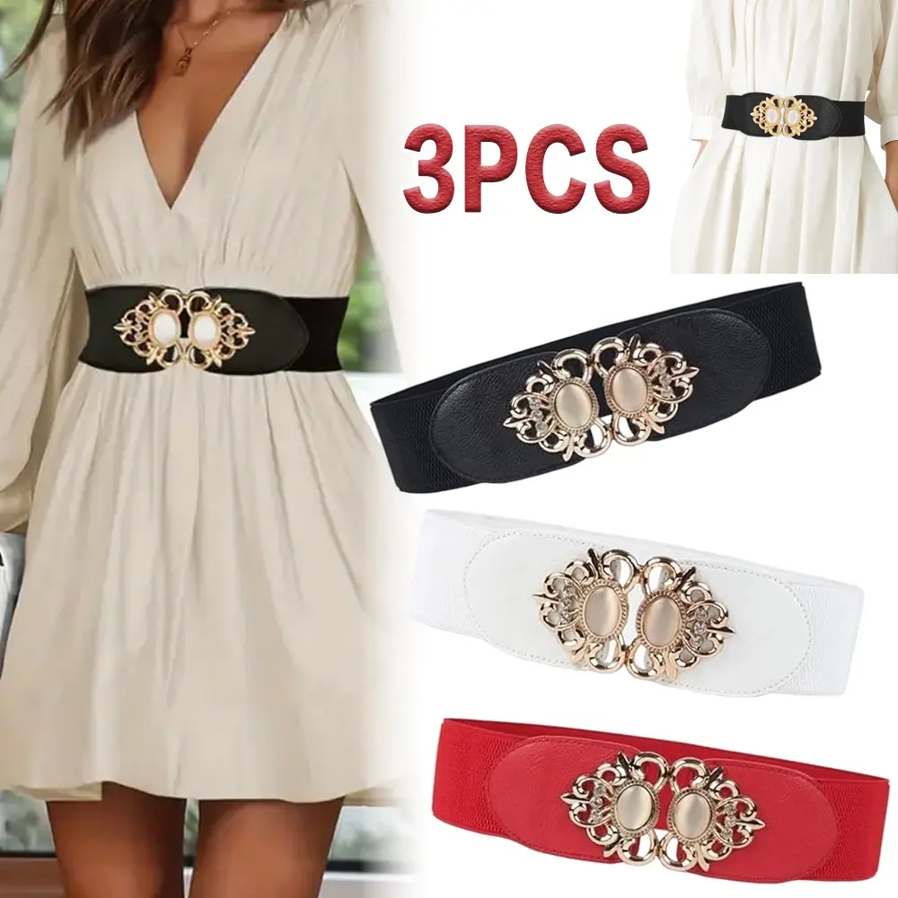 3 Pack Women's Vintage Cinch Belts, Wide Elastic Adjust-Fit Waistband with Interlocking Buckle for Dresses, Adjust-Fit Women's Belts, Buckle Women's Belts