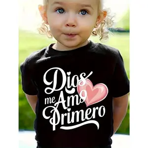 Girls' Christian Faith-Based "God Loves Me First" Spanish & English Bilingual T-Shirt - Soft Loose-Fit Short Sleeve Round Neck Top with Heart Cutouts & "Dios Me Ama a Mi Primero" Lettering - Ideal Easter Gift for Spring Summer Church Outfits (3-13Y)