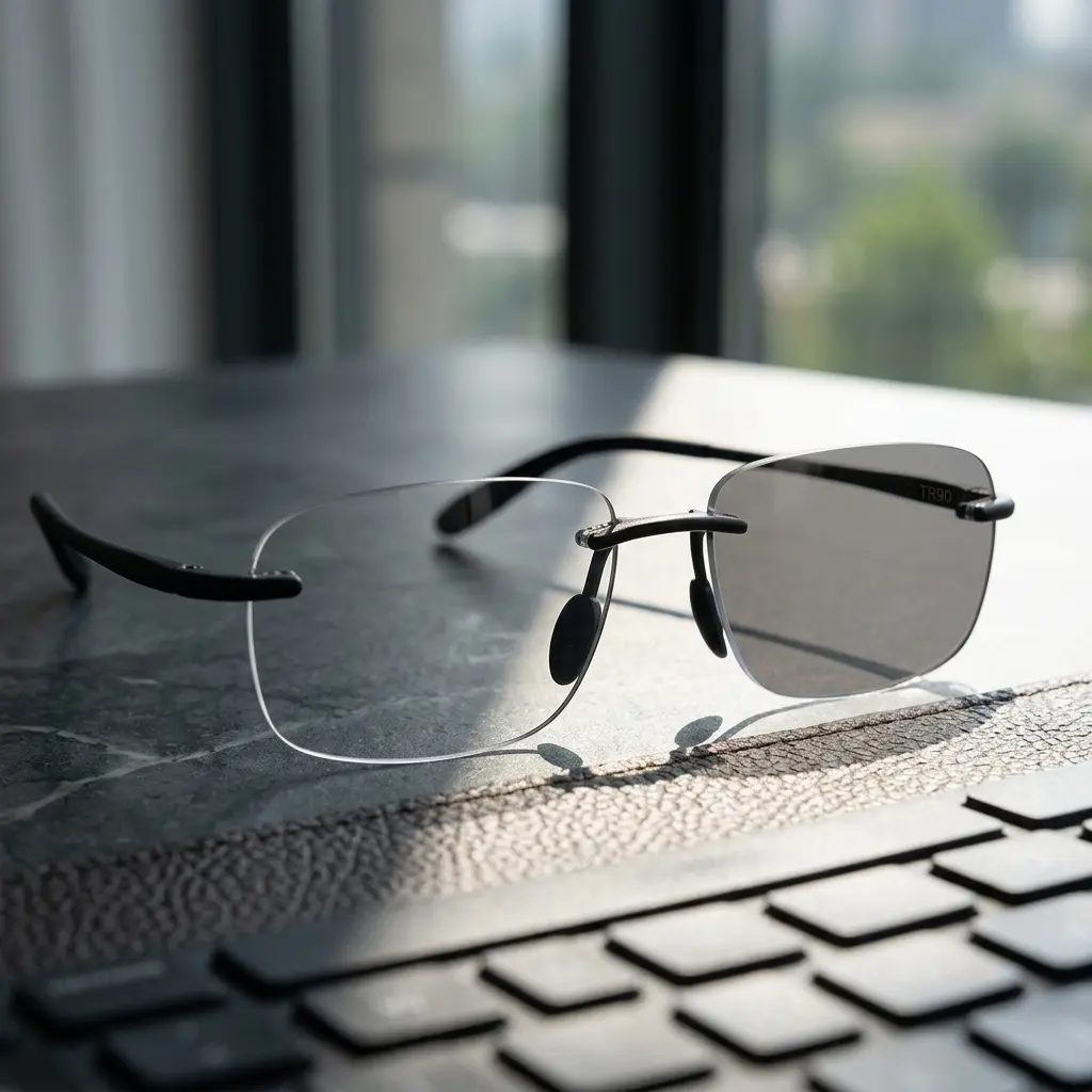 Men's Ultra-Light Rimless Photochromic Sports Eyewear - TR90 Flexible Bendable Temples, Auto-Tint Lenses, Anti-Blue Light, UV Protection for Driving