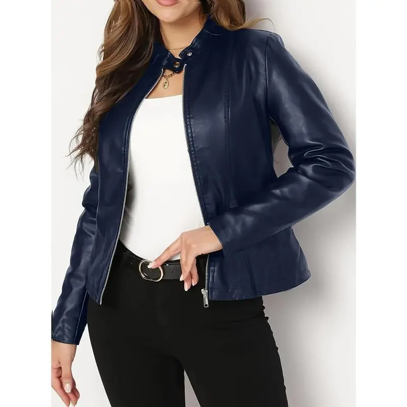 Women's Elegant PUPU Leather Jacket - Full-Zip Long Sleeve Motorcycle Coat with Stand Collar, Golden-Tone Hardware & Smooth Leather Texture, Spring/Fall Outerwear for Casual & Formal Outfits (Black/Brown/Tan) - Non-Stretch Durable Leather, Zippered Pocke.