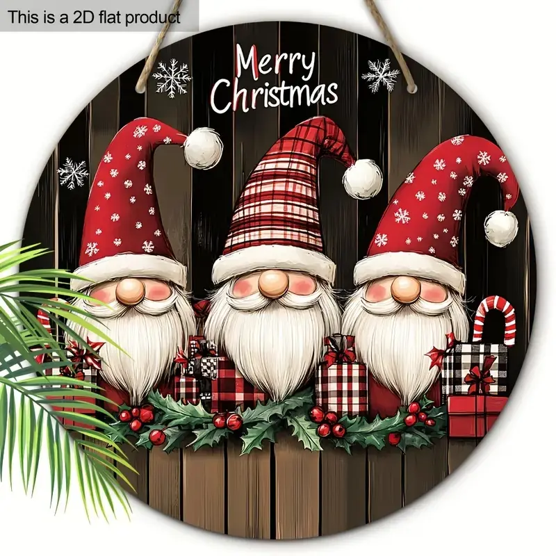Vintage Christmas Santa Berry Candy Snowflake Wreath Door Porch Decoration, Holiday Party Hanging Ornament, 2D Flat Design