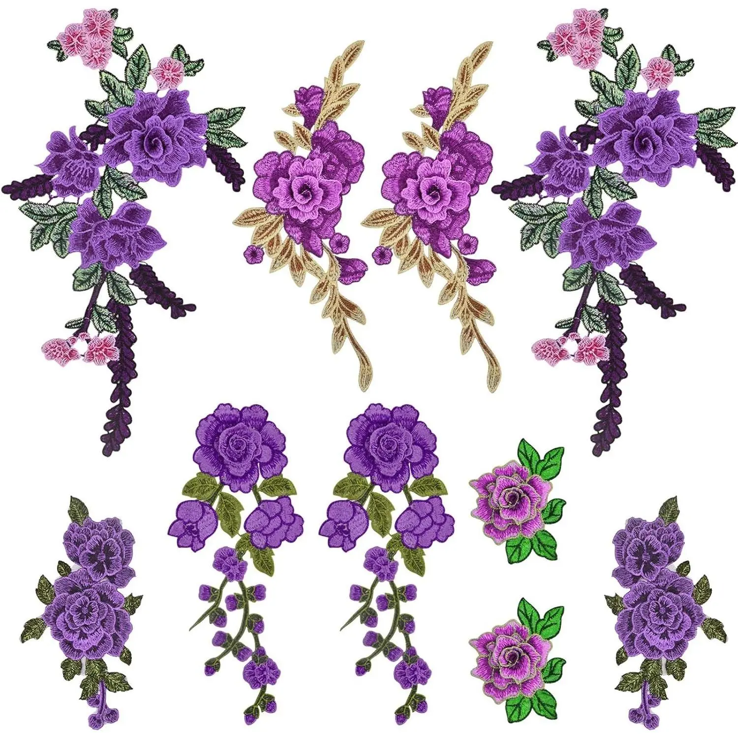 10pcs(5 Pairs) Sew On Embroidered Flower Patches Purple Flower Embroidery Appliques Clothing Accessories for DIY Jeans Dress Hat Bag Clothes Sewing Crafts, 5 Styles