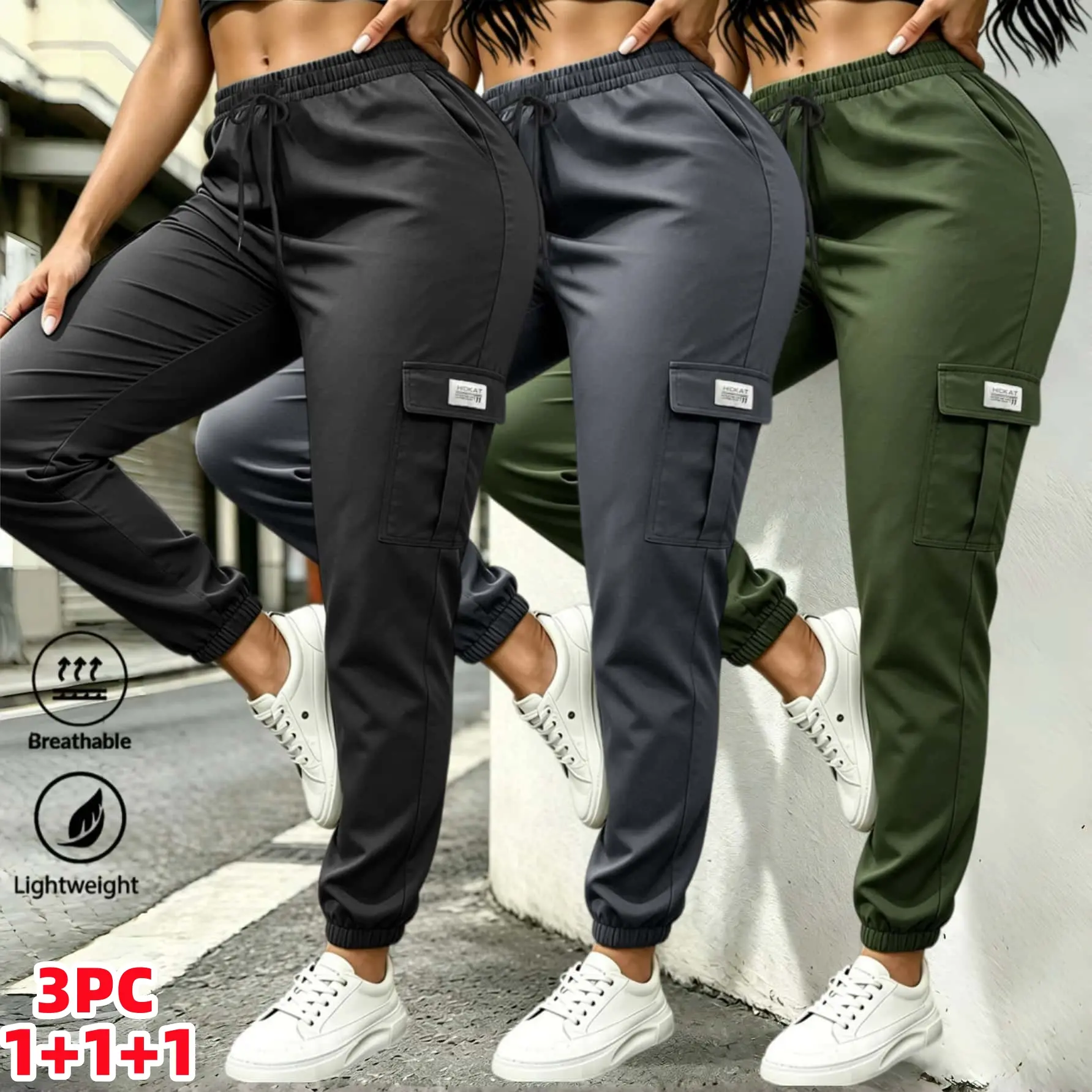 Trending Women’s 3-Season Lightweight Cargo Jogger Pants, High Waist Adjustable Drawstring Waistband, Multi Flap Pockets Solid Long Trousers, Quick Dry Easy Care Workwear Pants, Casual Streetwear & Outdoor Hiking Travel Sweatpants