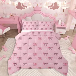 Bowknot Bedding Set Soft for Boys Girls,Pink Bow Comforter Set Bow-tie Duvet Quilt Microfiber Butterfly Bowknot Bedroom Decor
