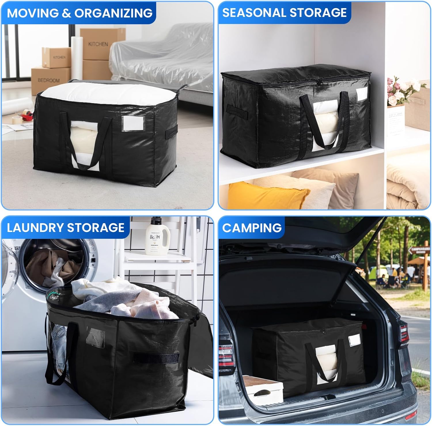 Extra Large Moving Bags, 4 Pack Black Heavy Duty Totes For Storage with Visible Window, Wrap Around Handles, Storage Bags for Space Saving, Alternative to Moving Boxes Extra Large Moving Bags, 4 Pack Black Heavy Duty Totes For Storage with Visible Window, Wrap Around Handles, Storage Bags for Space Saving, Alternative to Moving Boxes