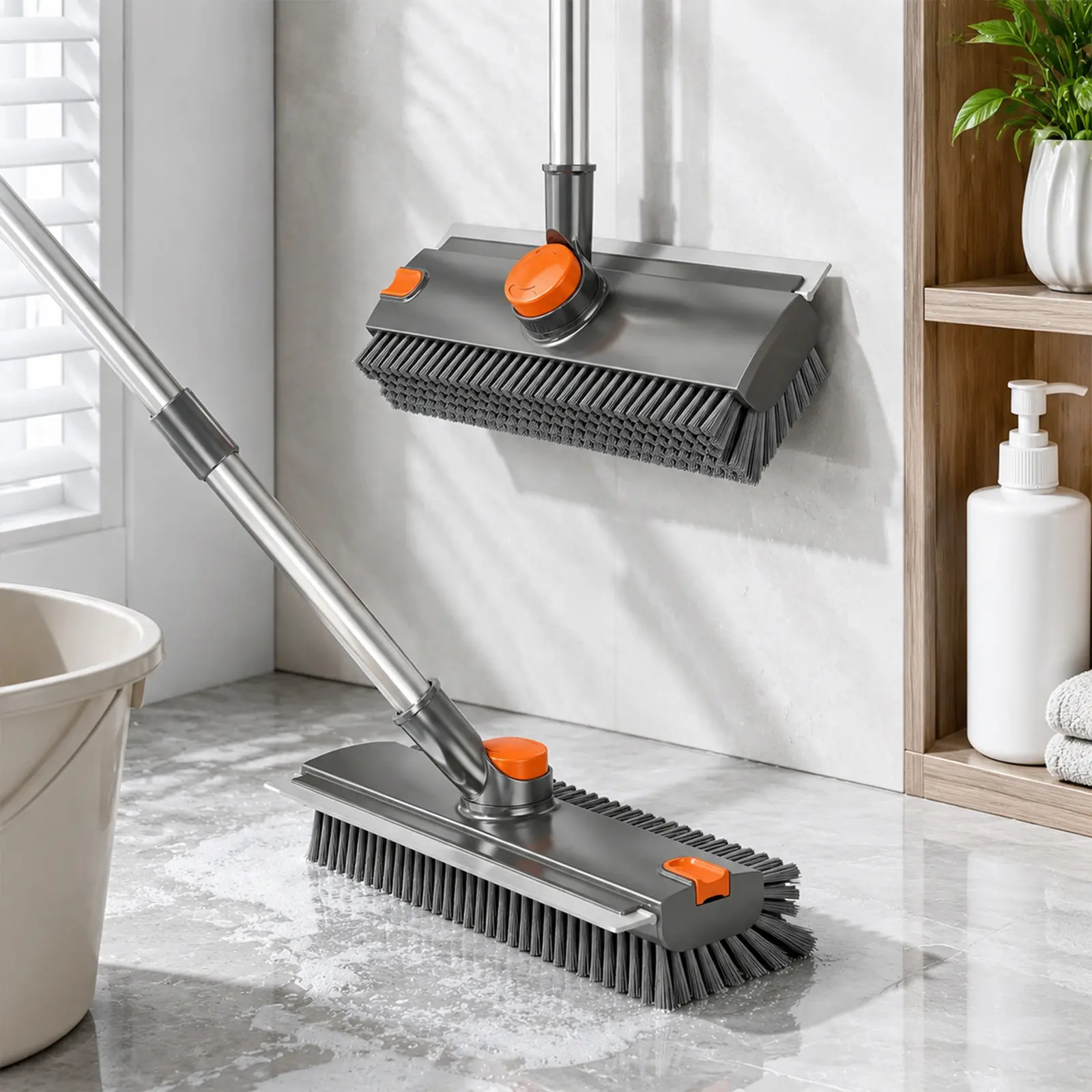 3-in-1 Heavy Duty Rotatable Floor Scrub Brush with Adjustable Stainless Steel Long Handle, 360° Bristles, Multi-Surface Tool for Tile, Concrete - Indoor Recreation Home Cleaning Supplies