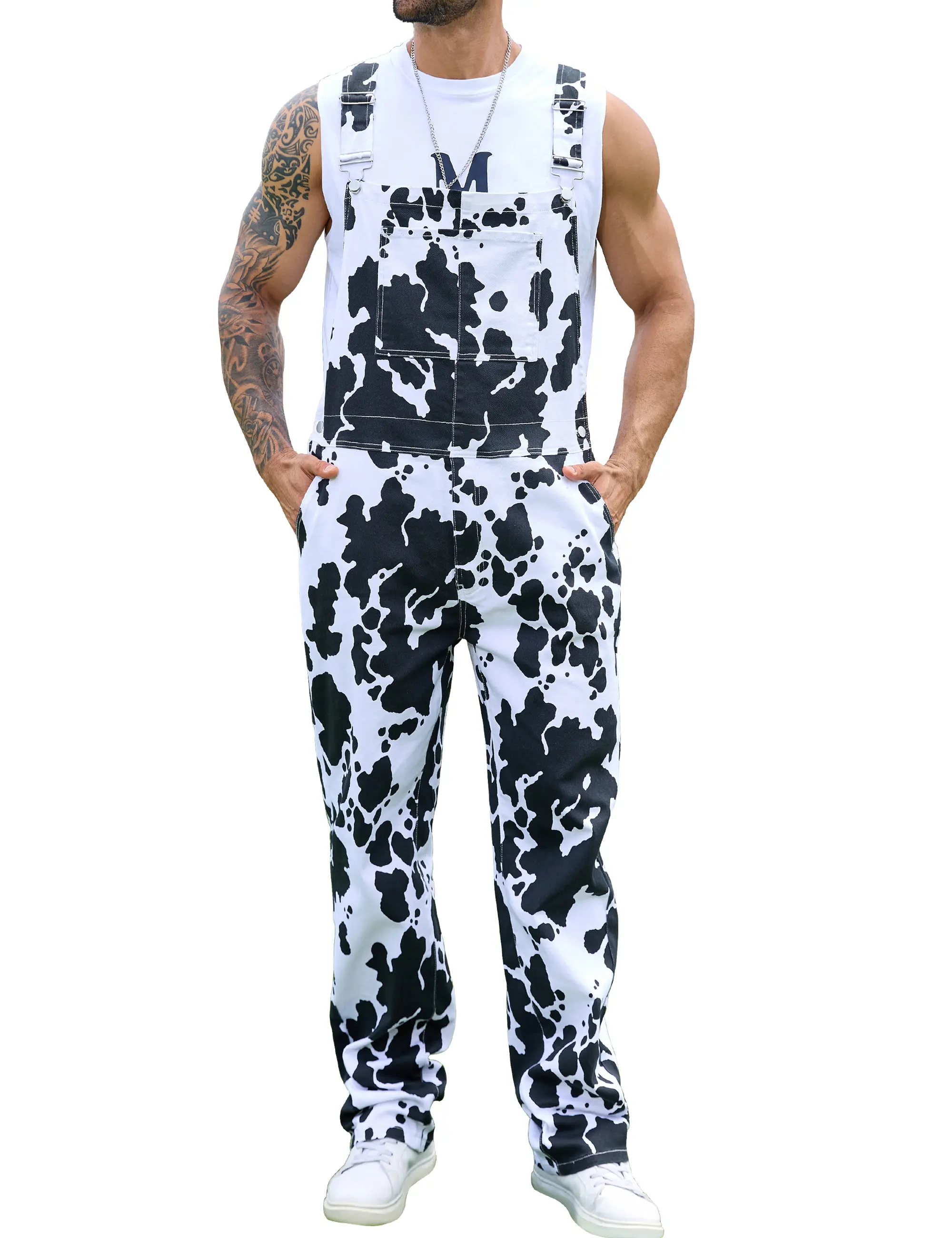 YUANBANG Halloween Men's Cow Print Overalls Trendy Animal Denim Jumpsuits with Adjustable Straps & Pockets, Loose Fit Bib Pants Trick Or Treat Menswear Country Fashion Outfits Fall Farm Style Workwear Concert 2026 New Style