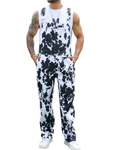 YUANBANG Men's Cow Print Overalls – Trendy Animal Print Denim Jumpsuits with Adjustable Straps & Pockets, Loose Fit Bib Pants Menswear Fashion Outfits
