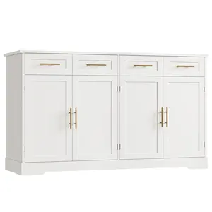 【2 packages shipping 】HOSTACK Buffet Sideboard with Storage, Kitchen Buffet Storage Cabinet with 4 Drawers, Modern Coffee Bar Cabinet with Gold Handles, Long Sideboard Buffet Table for Kitchen