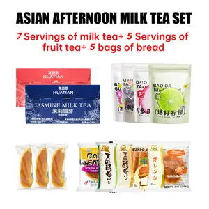 Exotic Asian Afternoon Milk Tea Bread International Snack Set Includes 7 Servings of Milk Tea 5 Servings of Fruit Tea 5 Bags of Bread Fudge Brownie Toaster Pastries Macarons Caramel Slice Jelly Donut