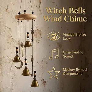 Witchy Vintage Copper Bell Wind Chime Windchimes, Star Moon Key Mystery Pendant, Healing Clear Sound, Home/porch/window Decor
